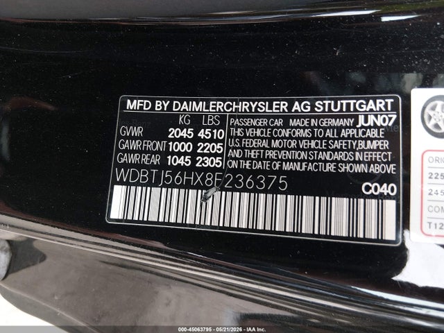 45063795 :رقم المزاد ، WDBTJ56HX8F236375 vin ، 2008 Mercedes-benz Clk 350 مزاد بيع