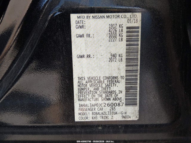 Aukcja sprzedaży 2018 Nissan Altima 2.5 Sr, vin: 1N4AL3AP0JC260087, numer aukcji: 45063798