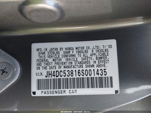 Продажа на аукционе авто 2006 Acura Rsx, vin: JH4DC53816S001435, номер лота: 45063800