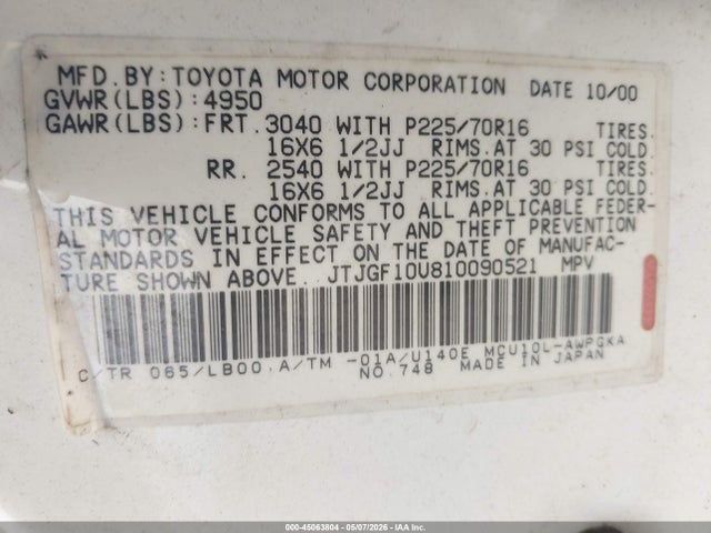 Продажа на аукционе авто 2001 Lexus Rx 300, vin: JTJGF10U810090521, номер лота: 45063804