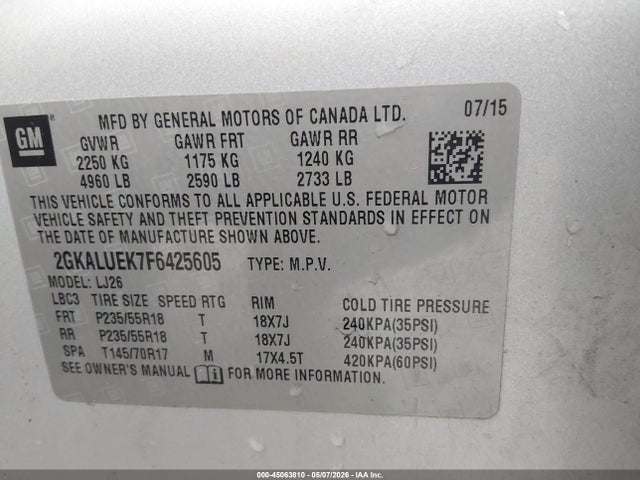 2015 Gmc Terrain Denali მანქანა იყიდება აუქციონზე, vin: 2GKALUEK7F6425605, აუქციონის ნომერი: 45063810