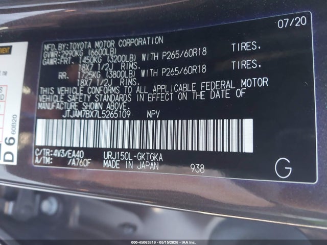 Aukcja sprzedaży 2020 Lexus Gx 460 Premium, vin: JTJAM7BX7L5265109, numer aukcji: 45063819