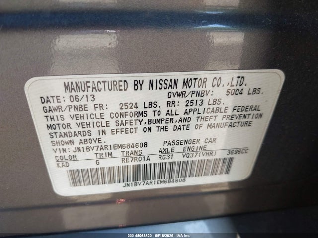 45063820 :رقم المزاد ، JN1BV7AR1EM684608 vin ، 2014 Infiniti Q50 Premium مزاد بيع