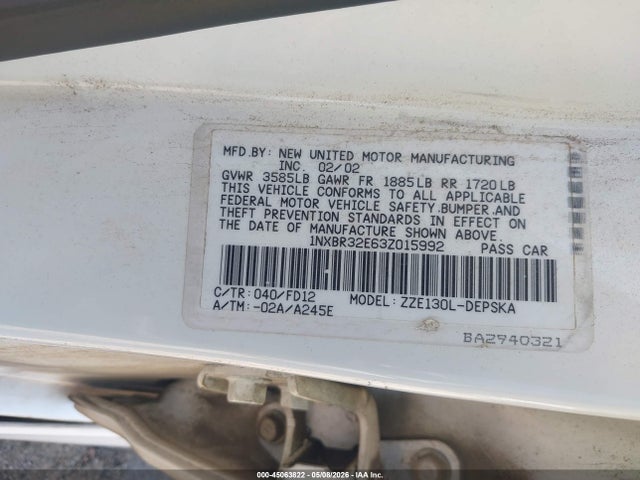 2003 Toyota Corolla S მანქანა იყიდება აუქციონზე, vin: 1NXBR32E63Z015992, აუქციონის ნომერი: 45063822