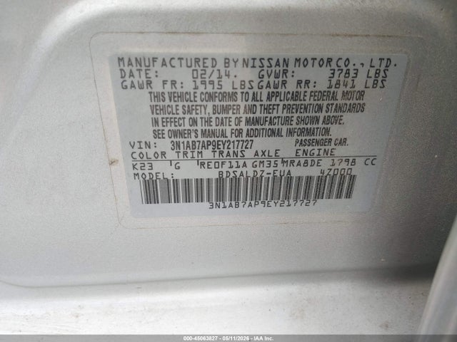 Продажа на аукционе авто 2014 Nissan Sentra Fe+ S/fe+ Sv/s/sl/sr/sv, vin: 3N1AB7AP9EY217727, номер лота: 45063827