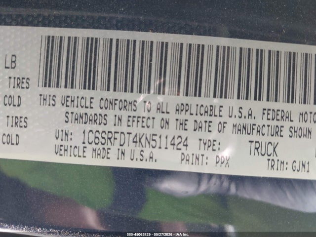 Aukcja sprzedaży 2019 Ram 1500 Laramie  4x4 6'4 Box, vin: 1C6SRFDT4KN511424, numer aukcji: 45063829