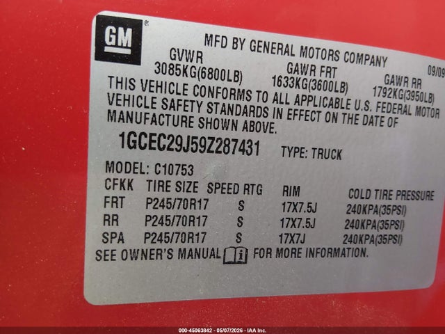 2009 Chevrolet Silverado 1500 Lt მანქანა იყიდება აუქციონზე, vin: 1GCEC29J59Z287431, აუქციონის ნომერი: 45063842