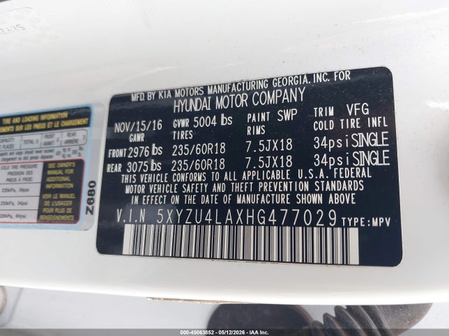 2017 Hyundai Santa Fe Sport 2.0t მანქანა იყიდება აუქციონზე, vin: 5XYZU4LAXHG477029, აუქციონის ნომერი: 45063852
