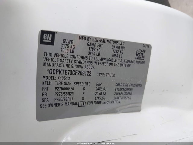 Продаж на аукціоні авто 2012 Chevrolet Silverado 1500 Ltz, vin: 1GCPKTE73CF209122, номер лоту: 45063853