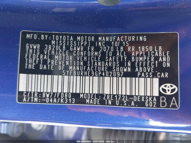 Aukcja sprzedaży 2016 Toyota Corolla S Plus, vin: 5YFBURHE9GP402097, numer aukcji: 45063863