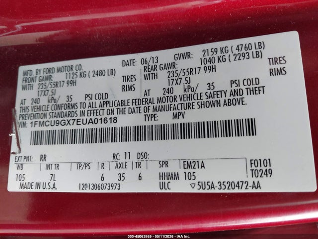 Продаж на аукціоні авто 2014 Ford Escape Se, vin: 1FMCU9GX7EUA01618, номер лоту: 45063869