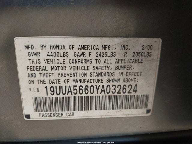 Auction sale of the 2000 Acura Tl 3.2, vin: 19UUA5660YA032624, lot number: 45063879