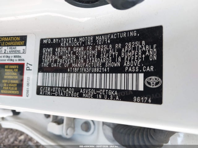 45063884 :رقم المزاد ، 4T1BF1FK5FU882141 vin ، 2015 Toyota Camry Xle مزاد بيع