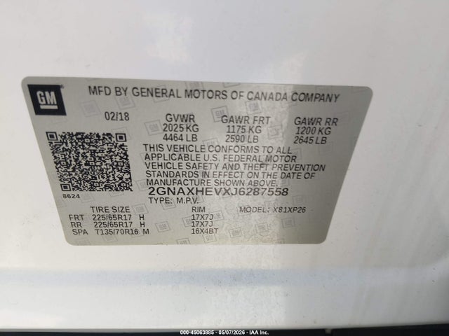 2018 Chevrolet Equinox Ls მანქანა იყიდება აუქციონზე, vin: 2GNAXHEVXJ6287558, აუქციონის ნომერი: 45063885