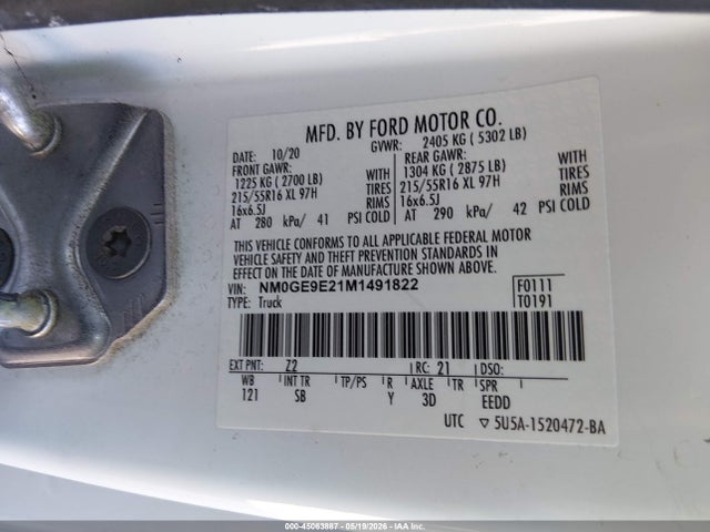 45063887 :رقم المزاد ، NM0GE9E21M1491822 vin ، 2021 Ford Transit Connect Xl Passenger مزاد بيع