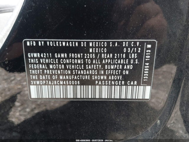 45063900 :رقم المزاد ، 3VWDP7AJ8CM450006 vin ، 2012 Volkswagen Jetta 2.5l Se مزاد بيع