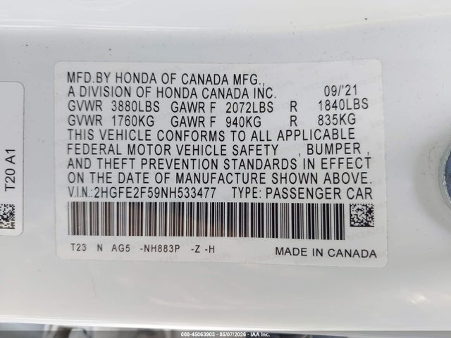 2HGFE2F59NH533477 Honda Civic Sport
