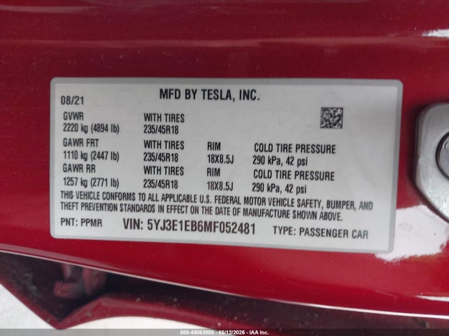 Aukcja sprzedaży 2021 Tesla Model 3 Long Range, vin: 5YJ3E1EB6MF052481, numer aukcji: 45063908