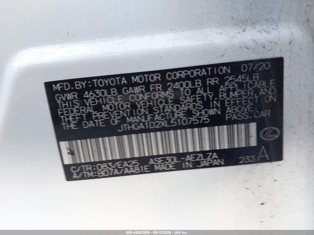 Aukcja sprzedaży 2020 Lexus Is 300, vin: JTHGA1D2XL5107575, numer aukcji: 45063909