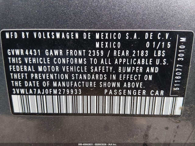 Aukcja sprzedaży 2015 Volkswagen Jetta 2.0l Tdi Se, vin: 3VWLA7AJ0FM279933, numer aukcji: 45063921