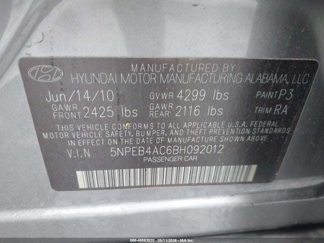 Auction sale of the 2011 Hyundai Sonata Gls, vin: 5NPEB4AC6BH092012, lot number: 45063925