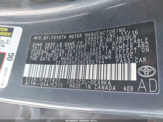Aukcja sprzedaży 2017 Toyota Corolla Le, vin: 2T1BURHE0HC805144, numer aukcji: 45063933