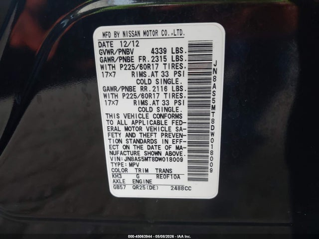 45063944 :رقم المزاد ، JN8AS5MT8DW018009 vin ، 2013 Nissan Rogue Sv مزاد بيع