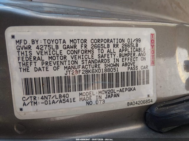 Aukcja sprzedaży 1999 Toyota Camry Xle V6, vin: JT2BF28K6X0188051, numer aukcji: 45063947