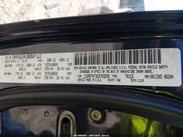 Продаж на аукціоні авто 2013 Ram 1500 Laramie, vin: 1C6RR7NT0DS703205, номер лоту: 45063951