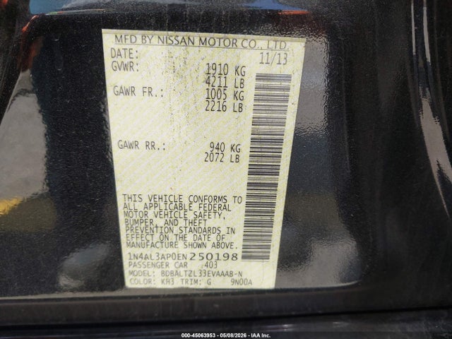 1N4AL3APOEN250198 Nissan Altima 2.5/s/sv/sl