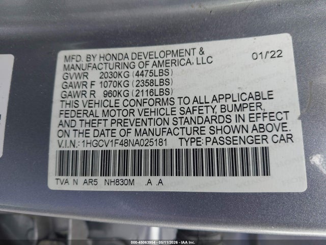 1HGCV1F48NA025181 Honda Accord Sport Special Edition