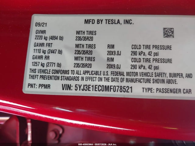 Aukcja sprzedaży 2021 Tesla Model 3 Performance Dual Motor All-wheel Drive, vin: 5YJ3E1EC0MF078521, numer aukcji: 45063964