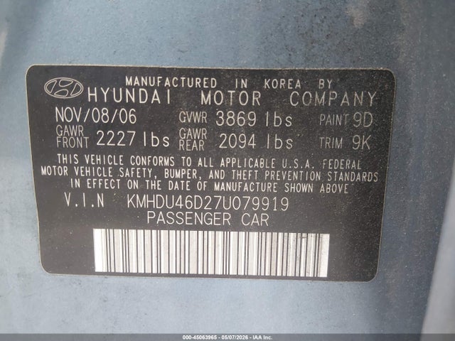 Продажа на аукционе авто 2007 Hyundai Elantra Gls/limited/se, vin: KMHDU46D27U079919, номер лота: 45063965