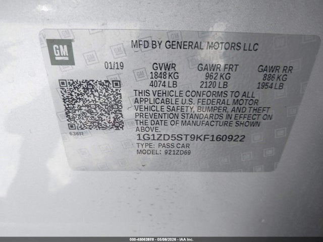 2019 Chevrolet Malibu Lt მანქანა იყიდება აუქციონზე, vin: 1G1ZD5ST9KF160922, აუქციონის ნომერი: 45063970