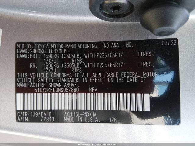 Aukcja sprzedaży 2022 Toyota Sienna Xle, vin: 5TDYSKFC0NS057880, numer aukcji: 45063974