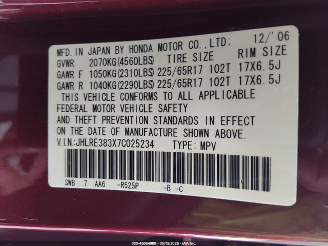 45064008 :رقم المزاد ، JHLRE383X7C025234 vin ، 2007 Honda Cr-v Lx مزاد بيع