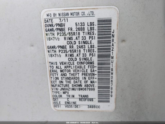 45064014 :رقم المزاد ، JN8AZ1MU1BW067899 vin ، 2011 Nissan Murano Sv مزاد بيع