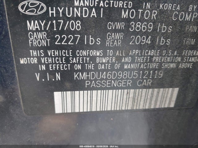 45064019 :رقم المزاد ، KMHDU46D98U512119 vin ، 2008 Hyundai Elantra Gls/se مزاد بيع