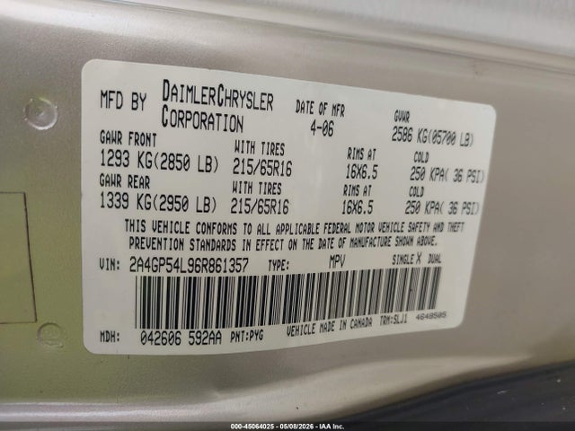 2006 Chrysler Town & Country Touring მანქანა იყიდება აუქციონზე, vin: 2A4GP54L96R861357, აუქციონის ნომერი: 45064025