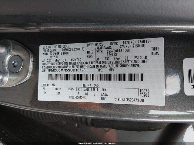 45064027 :رقم المزاد ، 1FMCU0MN5SUB18723 vin ، 2025 Ford Escape St-line مزاد بيع