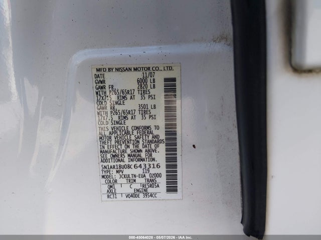 2008 Nissan Pathfinder Se მანქანა იყიდება აუქციონზე, vin: 5N1AR18U08C643316, აუქციონის ნომერი: 45064028