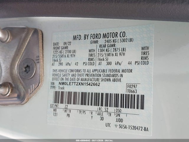 45064043 :رقم المزاد ، NM0LE7T2XN1542662 vin ، 2022 Ford Transit Connect Xlt مزاد بيع