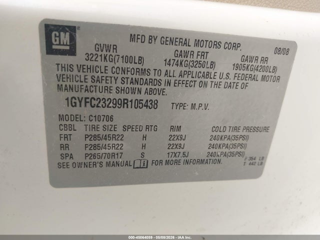 45064059 :رقم المزاد ، 1GYFC23299R105438 vin ، 2009 Cadillac Escalade Standard مزاد بيع