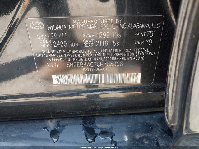 2012 Hyundai Sonata Gls მანქანა იყიდება აუქციონზე, vin: 5NPEB4AC7CH385368, აუქციონის ნომერი: 45064070