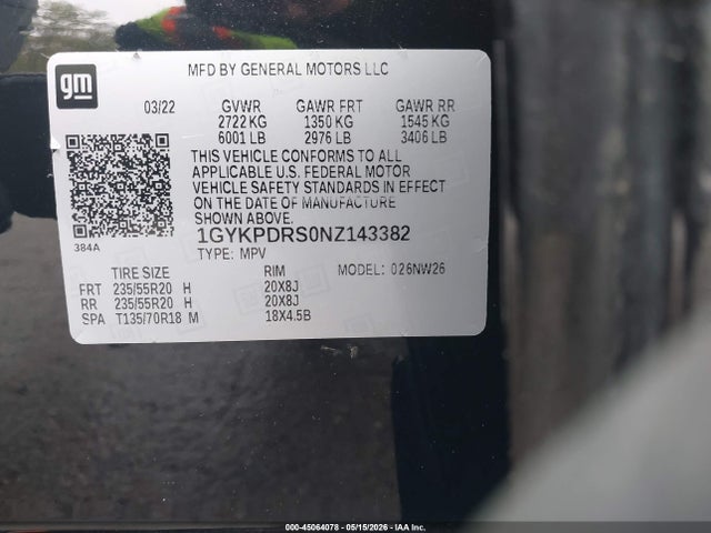 45064078 :رقم المزاد ، 1GYKPDRS0NZ143382 vin ، 2022 Cadillac Xt6 Awd Premium Luxury مزاد بيع