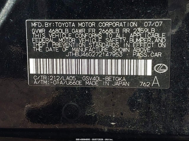 Продаж на аукціоні авто 2007 Lexus Es 350, vin: JTHBJ46G272147953, номер лоту: 45064093