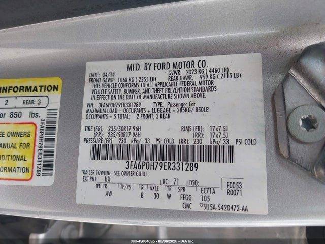 45064095 :رقم المزاد ، 3FA6P0H79ER331289 vin ، 2014 Ford Fusion Se مزاد بيع