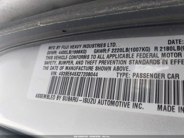 45064109 :رقم المزاد ، 4S3BE645X27208044 vin ، 2002 Subaru Legacy Gt مزاد بيع