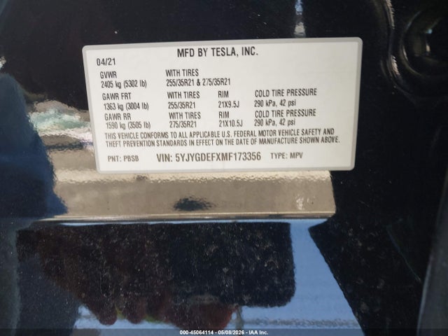 Aukcja sprzedaży 2021 Tesla Model Y Performance Dual Motor All-wheel Drive, vin: 5YJYGDEFXMF173356, numer aukcji: 45064114