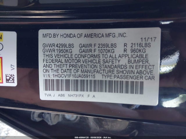 2018 Honda Accord Lx მანქანა იყიდება აუქციონზე, vin: 1HGCV1F10JA059115, აუქციონის ნომერი: 45064120